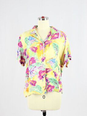 Vintage 90's JAMS WORLD Yellow Floating Garden Twill Camp Shirt Blouse, Size M